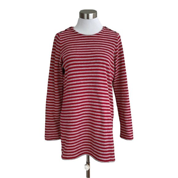 J Jill Women's XS Tunic Top Gray Red Stripe Ribb Knit Shoulder Button Preppy - Picture 1 of 6